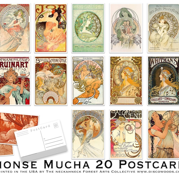 Art Nouveau Postcard Set - Set of 20 Artist Postcards of Alphonse Mucha paintings - Fine Art -decorative Post Cards - illustration postcards