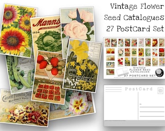 May include: A set of 27 vintage flower seed catalogues postcards. The postcards feature a variety of colorful flowers, including sunflowers, roses, and daffodils. The postcards are arranged in a collage style, with some overlapping. The text on the postcards includes the names of the flowers, the names of the seed companies, and the dates of the catalogues. The postcards are perfect for collectors of vintage ephemera or anyone who loves flowers.