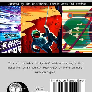 May include: A set of 30 space-themed postcards featuring colorful illustrations of astronauts, planets, and spaceships. The postcards are 4x6 inches and come with a postcard log to keep track of where each card goes. Printed on Planet Earth. NPC065.