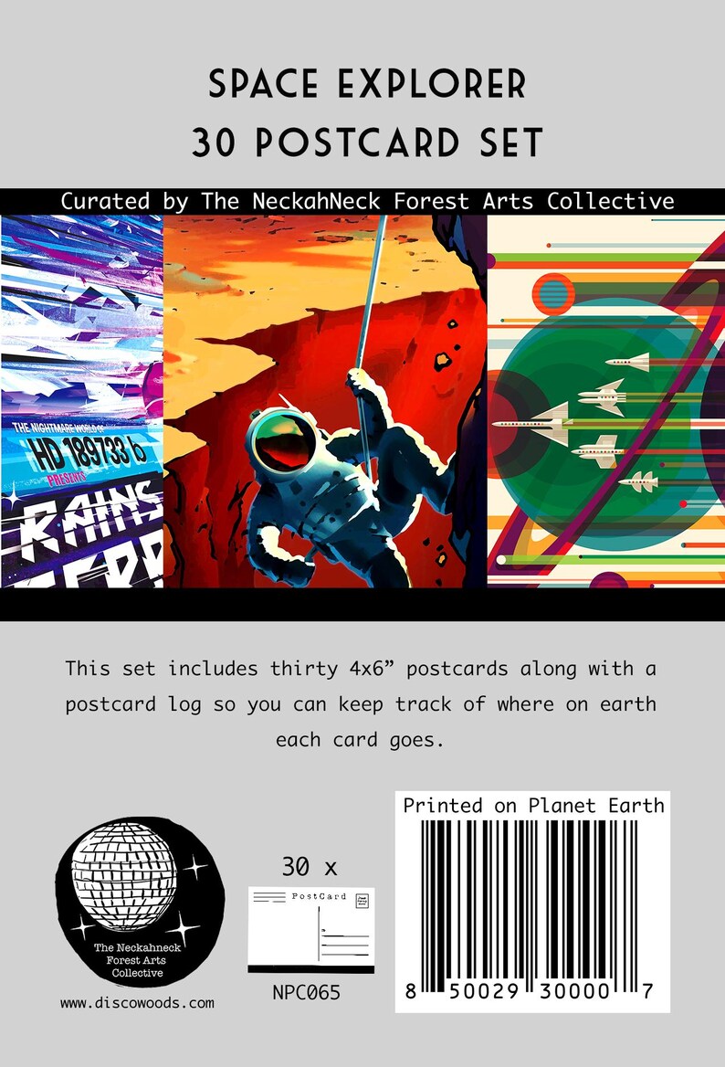 May include: A set of 30 space-themed postcards featuring colorful illustrations of astronauts, planets, and spaceships. The postcards are 4x6 inches and come with a postcard log to keep track of where each card goes. Printed on Planet Earth. NPC065.