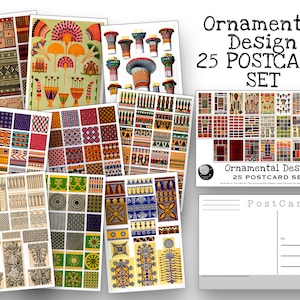 May include: A set of 25 postcards featuring colorful ornamental designs inspired by ancient Egyptian art. The postcards are blank on the back for writing messages. "Ornamental Design 25 Postcard Set" is printed on the front of the postcards.