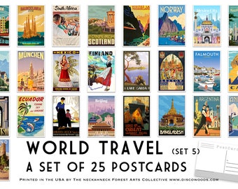 Carte postale de voyage dans le monde (lot de 5) - lot de 25 cartes postales - vintage - voyage - cartes postales de scrapbooking - aventure - décoration d'intérieur