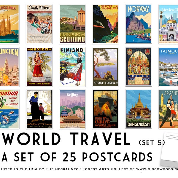 World Travel Postcard (Set 5) - Set of 25 Postcards - Vintage - Travel - Scrapbooking Post Cards - Adventure - home decor