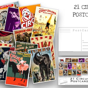 Zirkus Postkarten Set - 21 Postkarten mit Zirkus Postern, Tieren und Clowns - Geschenkset - Scrapbooking - Collage Kit