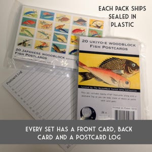 May include: A set of 20 Japanese woodblock fish postcards, featuring colorful illustrations of fish. The set includes a postcard log to keep track of where each card goes.  The text on the front of the package reads "20 Japanese Woodblock (Ukiyo-e) Fish Postcards".