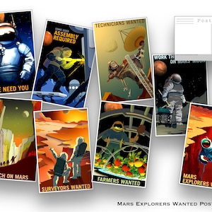 May include: A set of nine vintage-style postcards featuring illustrations of astronauts and scenes from Mars. The postcards feature text such as "We Need You", "Technicians Wanted", "Work on Mars Moon", "Teach on Mars", "Farmers Wanted", "Surveyors Wanted", and "Mars Explorers Wanted".
