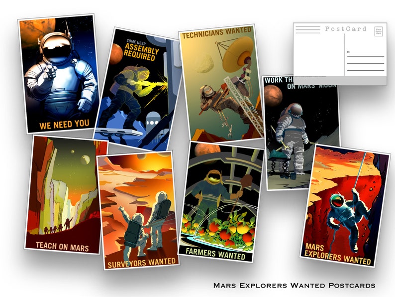 May include: A set of nine vintage-style postcards featuring illustrations of astronauts and scenes from Mars. The postcards feature text such as "We Need You", "Technicians Wanted", "Work on Mars Moon", "Teach on Mars", "Farmers Wanted", "Surveyors Wanted", and "Mars Explorers Wanted".