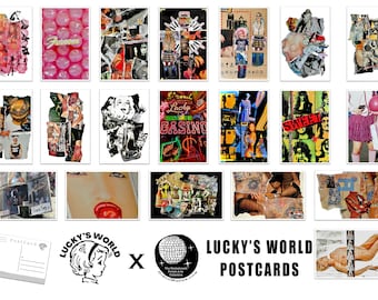 20 Luckys World Postcards - Set of 26 Artist Post cards - Hand cut artwork - collage art - Scrapbooking - Artist Design Postcard