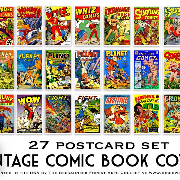 Vintage Comic Book Covers - 27 Postcard Set - full color - vintage comics - Horror - Science Fiction - Super Heroes - Aliens