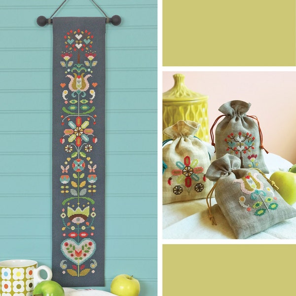 Folk Flowers - printed version - Satsuma Street - modern cross stitch bell pull pattern