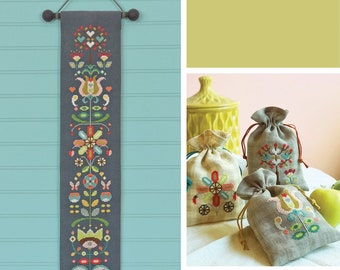 Folk Flowers - Satsuma Street - modern cross stitch bell pull pattern - Instant download PDF