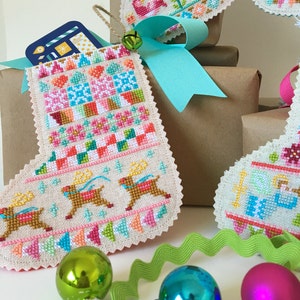 Mini Christmas Stockings printed version set of four charts Satsuma Street holiday cross stitch pattern image 1