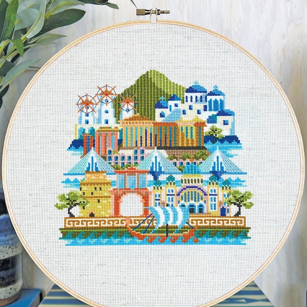 Pretty Little Greece - printed version - Satsuma Street Modern Cross Stitch City Pattern