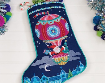 Sky-High Santa - printed version - Satsuma Street cross stitch Christmas stocking pattern