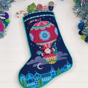 Sky-High Santa - Satsuma Street cross stitch Christmas stocking pattern - Instant download PDF