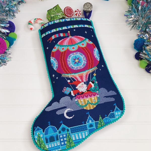 Sky-High Santa - Satsuma Street cross stitch Christmas stocking pattern - Instant download PDF