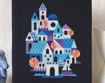 Blue Village - Satsuma Street modern cross stitch pattern PDF - Instant download