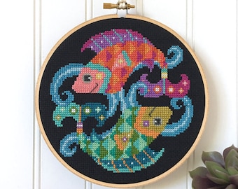 Pisces - print version - Satsuma Street modern cross stitch zodiac pattern