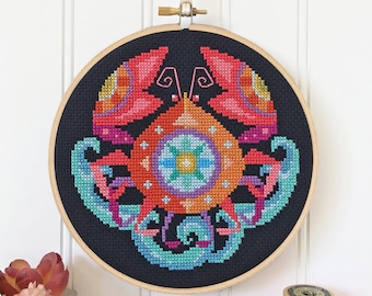 Cancer - print version - Satsuma Street modern cross stitch zodiac pattern