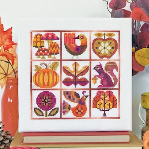 Otoño Satsuma Street Autumn sampler modern folk cross stitch pattern Instant download PDF image 1