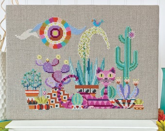 Cactus Cat - printed version - Satsuma Street - modern cross stitch pattern