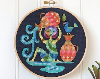 Aquarius - print version - Satsuma Street modern cross stitch zodiac pattern