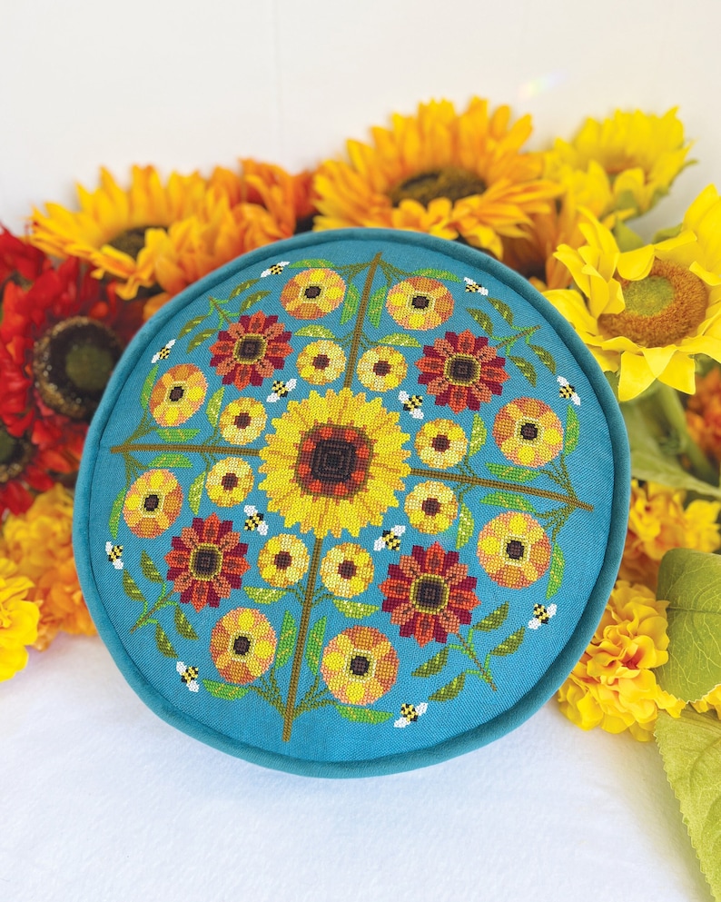 Sunburst Satsuma Street Modern Cross Stitch Sunflower Pattern PDF Fundraiser for Ukraine Instant download 画像 1