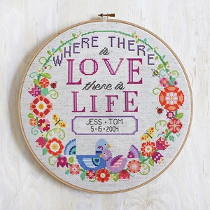 K&ouml;nnte beinhalten: Ein wei&szlig;er Stickrahmen mit einem floralen Kranzdesign. Der Kranz besteht aus bunten Blumen, Schmetterlingen und Marienk&auml;fern. In der Mitte des Rahmens befindet sich der Text "Where there is love there is life" in lila Schrift. Ein kleineres Rechteck unter dem Text lautet "Jess + Tom 5-15-2004".