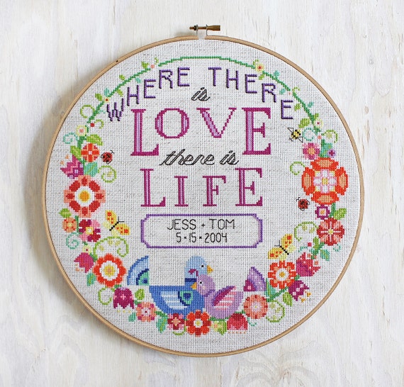 Love + Life - Satsuma Street modern cross stitch wedding pattern or baby announcement - Customizable - PDF - Instant download