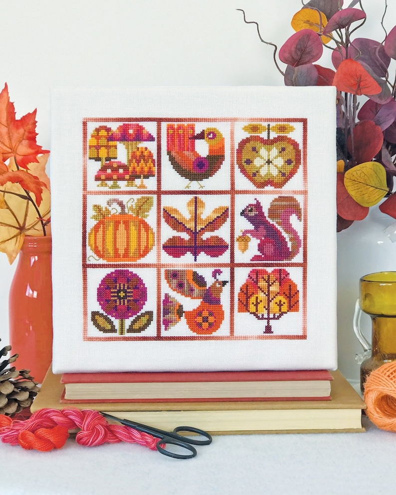 Otoño Satsuma Street Autumn sampler modern folk cross stitch pattern Instant download PDF image 1