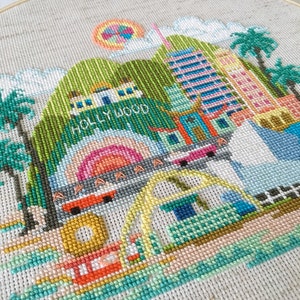 A cross stitch embroidery pattern of Los Angeles featuring famous landmarks and monuments.