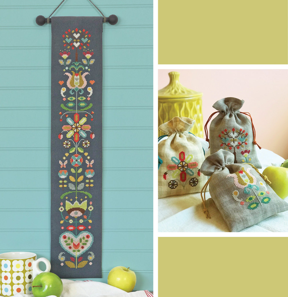 Folk Flowers - Satsuma Street - modern cross stitch bell pull pattern - Instant download PDF