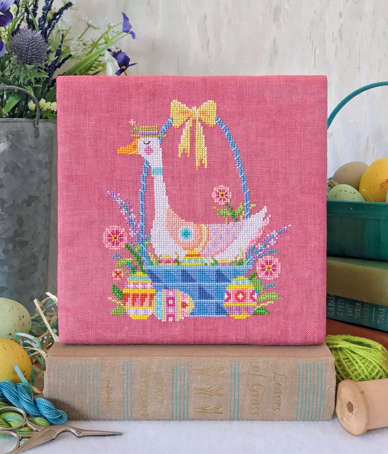 Nest Egg Satsuma Street Easter goose in basket cross stitch pattern Instant download PDF image 1