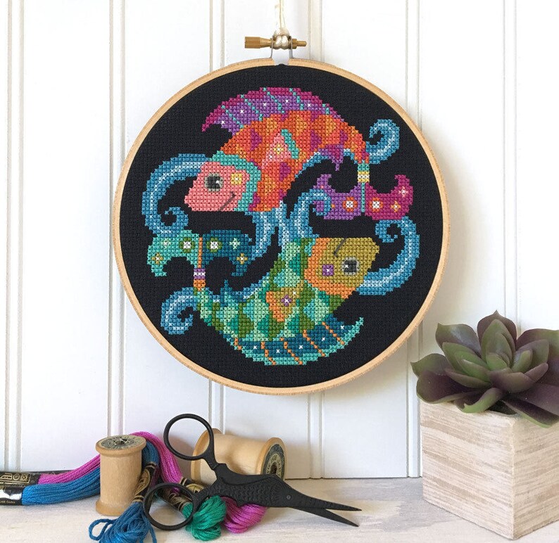 Pisces print version Satsuma Street modern cross stitch zodiac pattern image 1