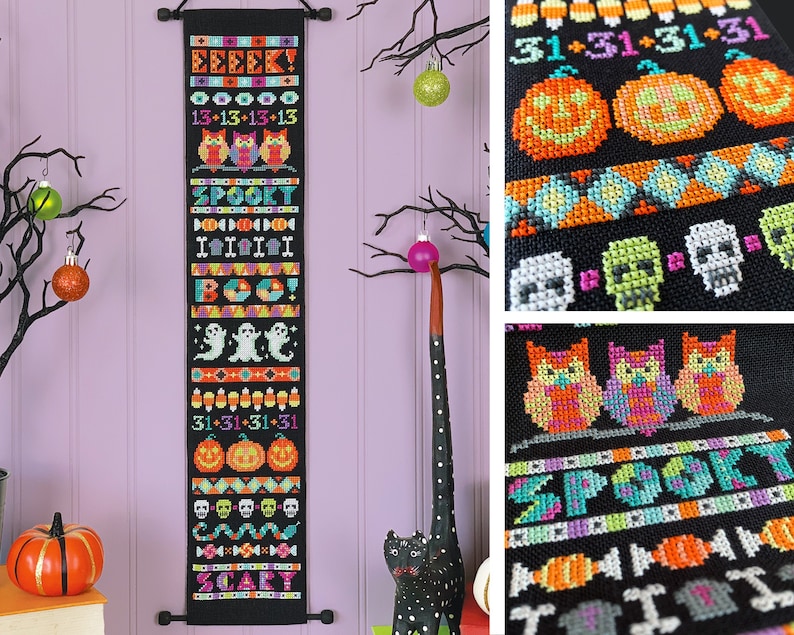 Ghastly Greetings printed version Satsuma Street Halloween banner cross stitch pattern image 1