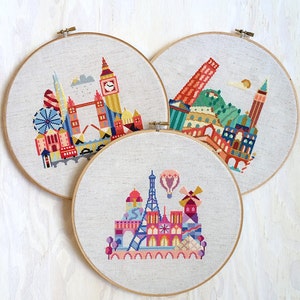 London, Paris, Italy - 3 Satsuma Street modern cross stitch patterns - 18 Dollars USD- Instant Download