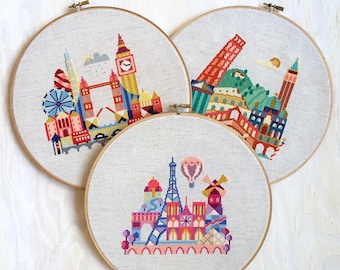 London, Paris, Italy - 3 Satsuma Street modern cross stitch patterns - 18 Dollars USD- Instant Download