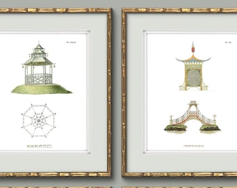 Collection of Chinoiserie Pagoda Prints in Grand Millennial Style for Chinoiserie Chic Decor