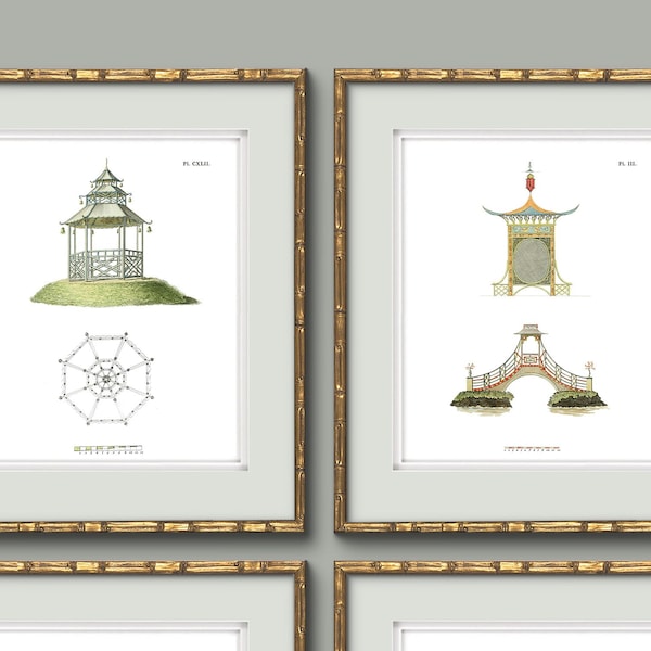 Collection of Chinoiserie Pagoda Prints in Grand Millennial Style for Chinoiserie Chic Decor