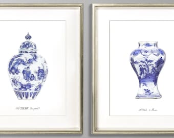 Collection of Blue and White Chinoiserie Vase Art Prints in Grandmillennial Style for Chinoiserie Chic Decor, Preppy Chic Art Paintings