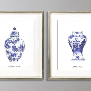 Collection of Blue and White Chinoiserie Vase Art Prints in Grandmillennial Style for Chinoiserie Chic Decor, Preppy Chic Art Paintings