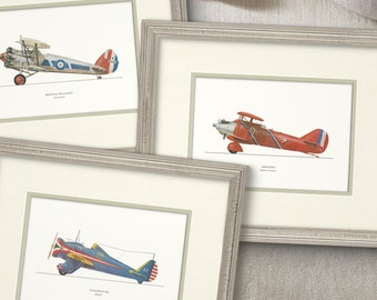 Vintage Airplane Art Prints for Nursery & Boys Room - Set of 12 Hand-Drawn Watercolor Art Prints featuring American Planes