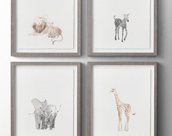 Animals Wall Art Minimalist Vintage Safari Wildlife Watercolor Cute Kawaii Kids Playroom Nursery Decor Lion Giraffe Zebra Elephant Artwork