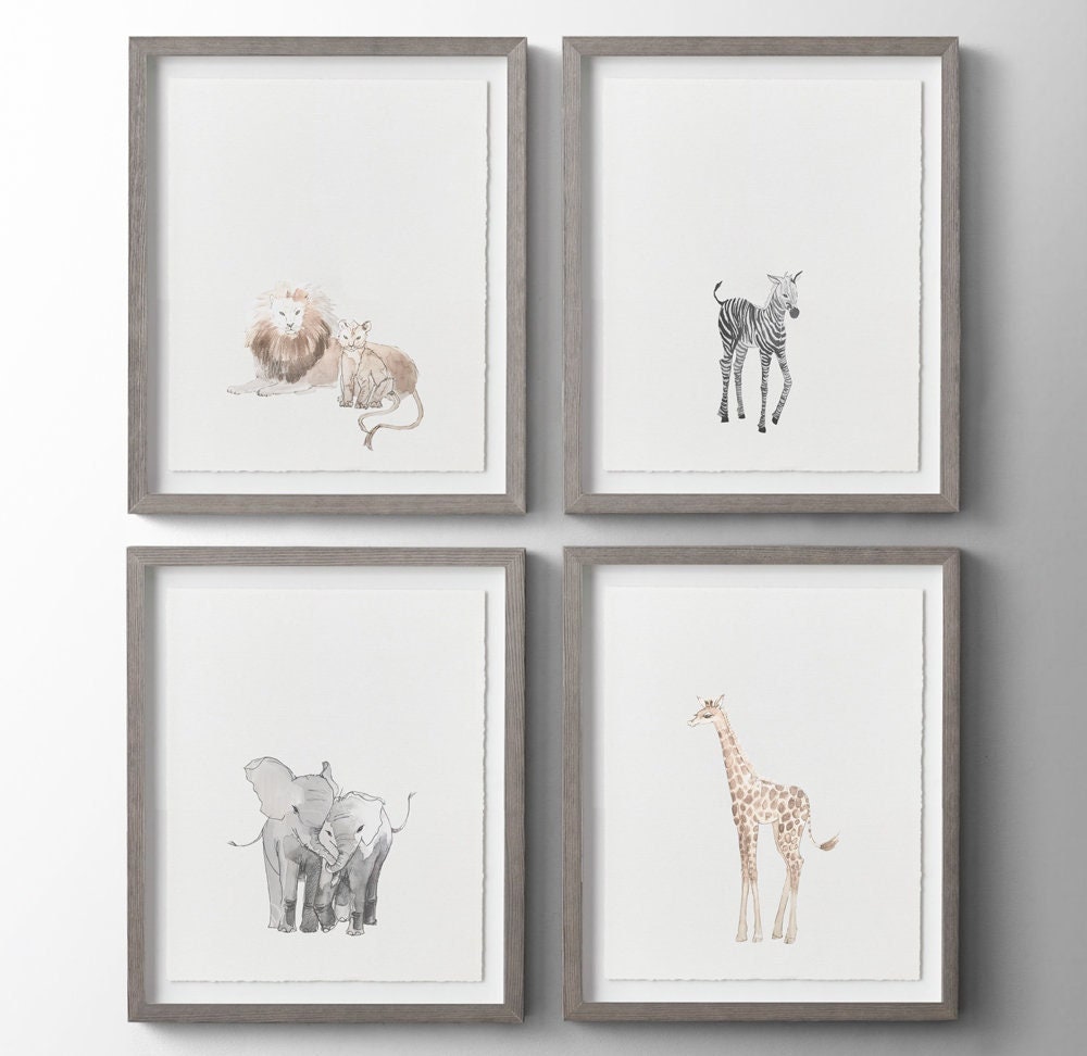 Animals Wall Art Minimalist Vintage Safari Wildlife Watercolor Cute Kawaii Kids Playroom Nursery Decor Lion Giraffe Zebra Elephant Artwork