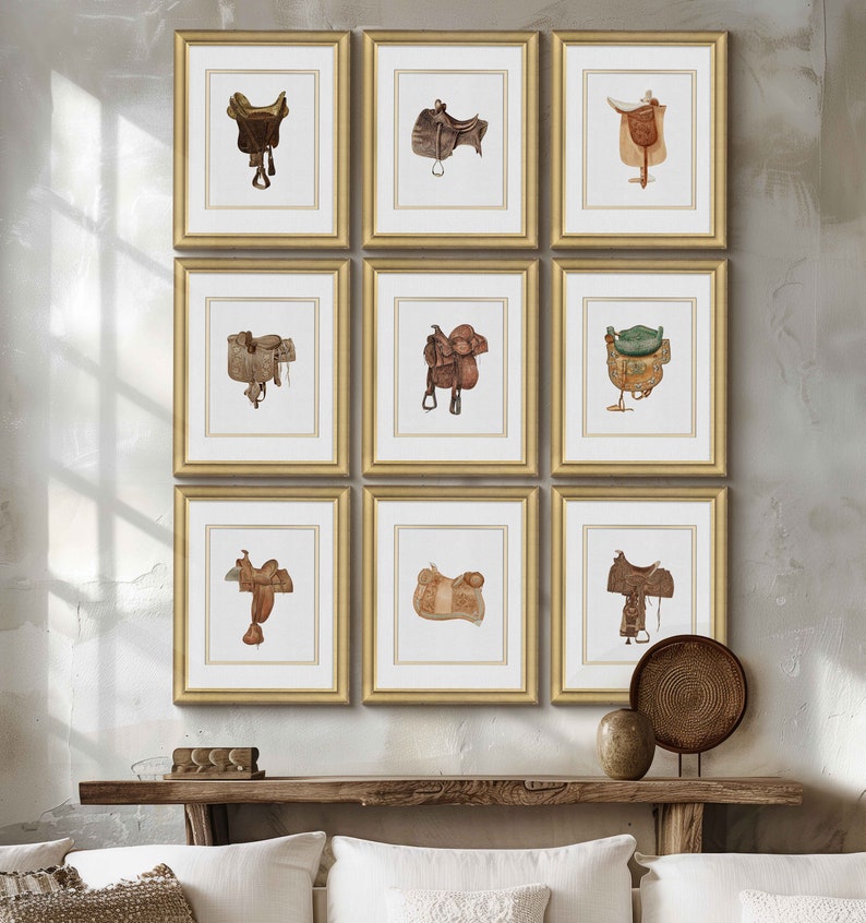 May include: Nine framed illustrations of different styles of saddles, each with a white background and a gold frame. The frames are arranged in three rows of three.