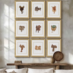 Antique Equestrian Art Prints on Watercolor Paper, Vintage Horse Saddle Gallery Wall Art Grouping, Southwestern American Art