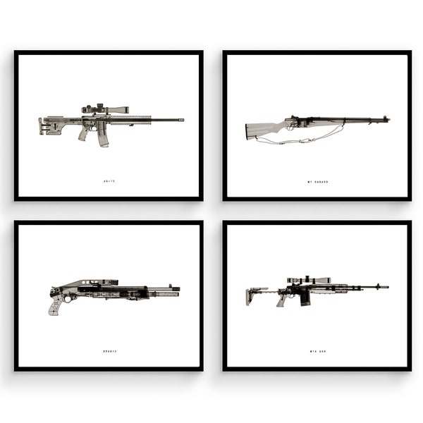 X-Ray Firearm Prints, Gun Enthusiast Gift for Him  Pistol Weapon Shotgun War Minimalist Monochrome Modern Artwork Office Man Cave Decoration