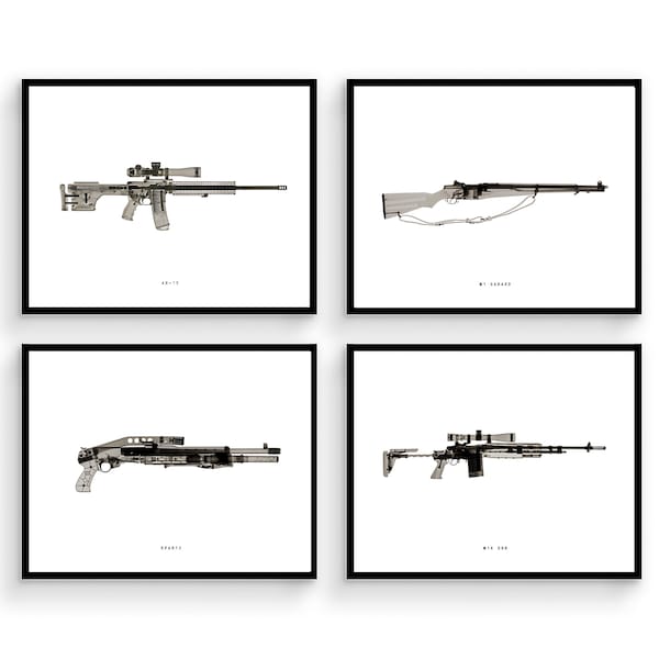X-Ray Firearm Prints, Gun Enthusiast Gift for Him  Pistol Weapon Shotgun War Minimalist Monochrome Modern Artwork Office Man Cave Decoration