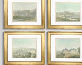 French Country Chateau Watercolor Art Prints Set - Farmhouse Wall Art Decor