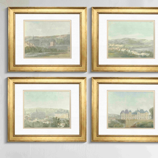 Set of French Country Chateau Watercolor Art Prints, Farmhouse Style Wall Art, Watercolor Gallery Wall Art Paintings